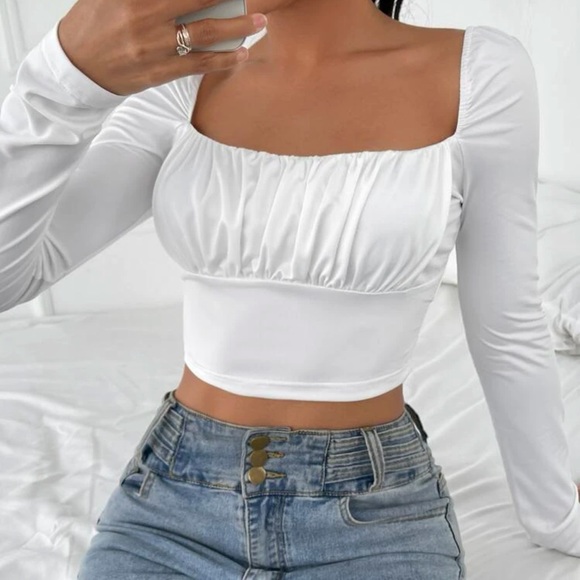 Square neck long sleeve ruched boho crop top black - Picture 8 of 8